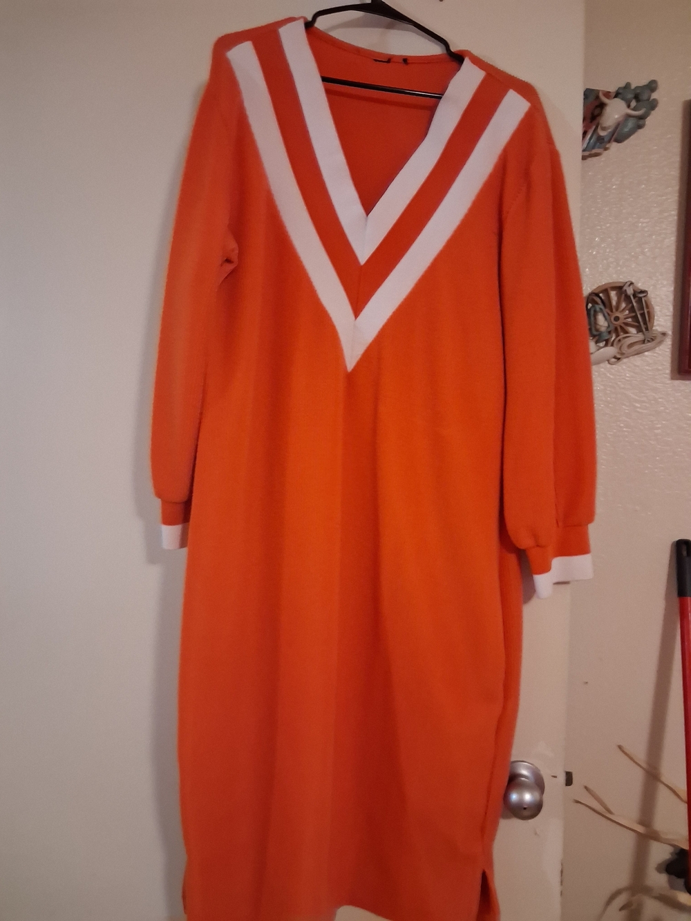 Bright Orange V-Neck Long Sweater Dress with White Trim